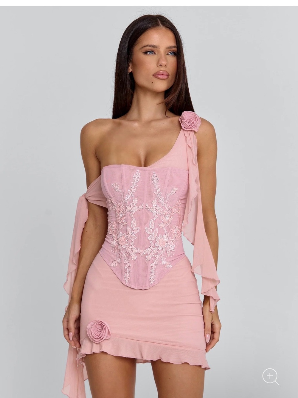 Romantic One-Shoulder Pink Floral Appliqué Mini Dress